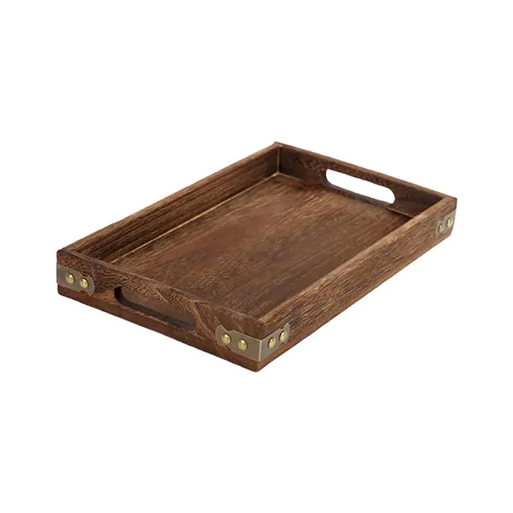 Contemporary For Solid Wood Serving Tray With Iron Corner Framework And Rounded Handle Edges For Daily Tabletop Utility