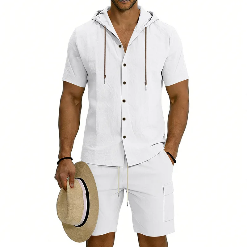 

Summer men's loose linen suit, American vacation casual hooded short-sleeved shirt tooling shorts suit