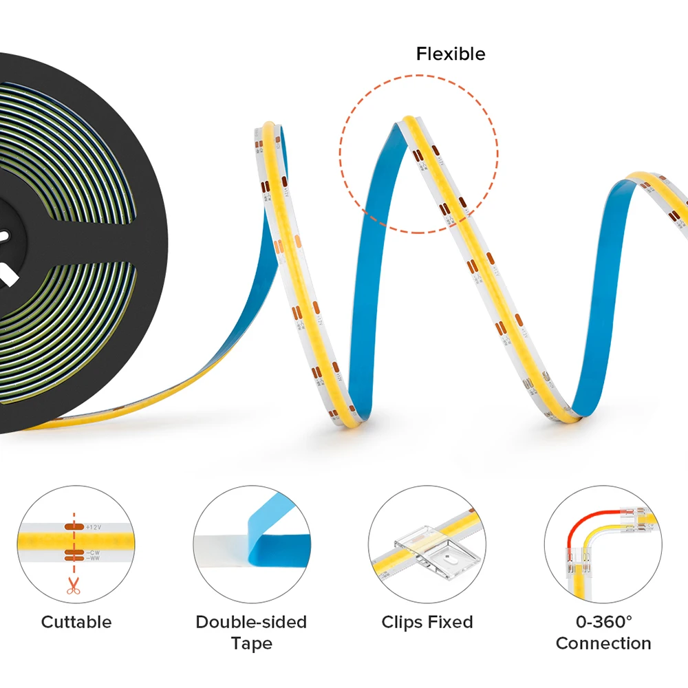 FCOB CCT Light Strip FOB COB LED 10mm Led Lights RA90 640 LEDs High Density Flexible Warm White with White Linear Dimmable DC24V