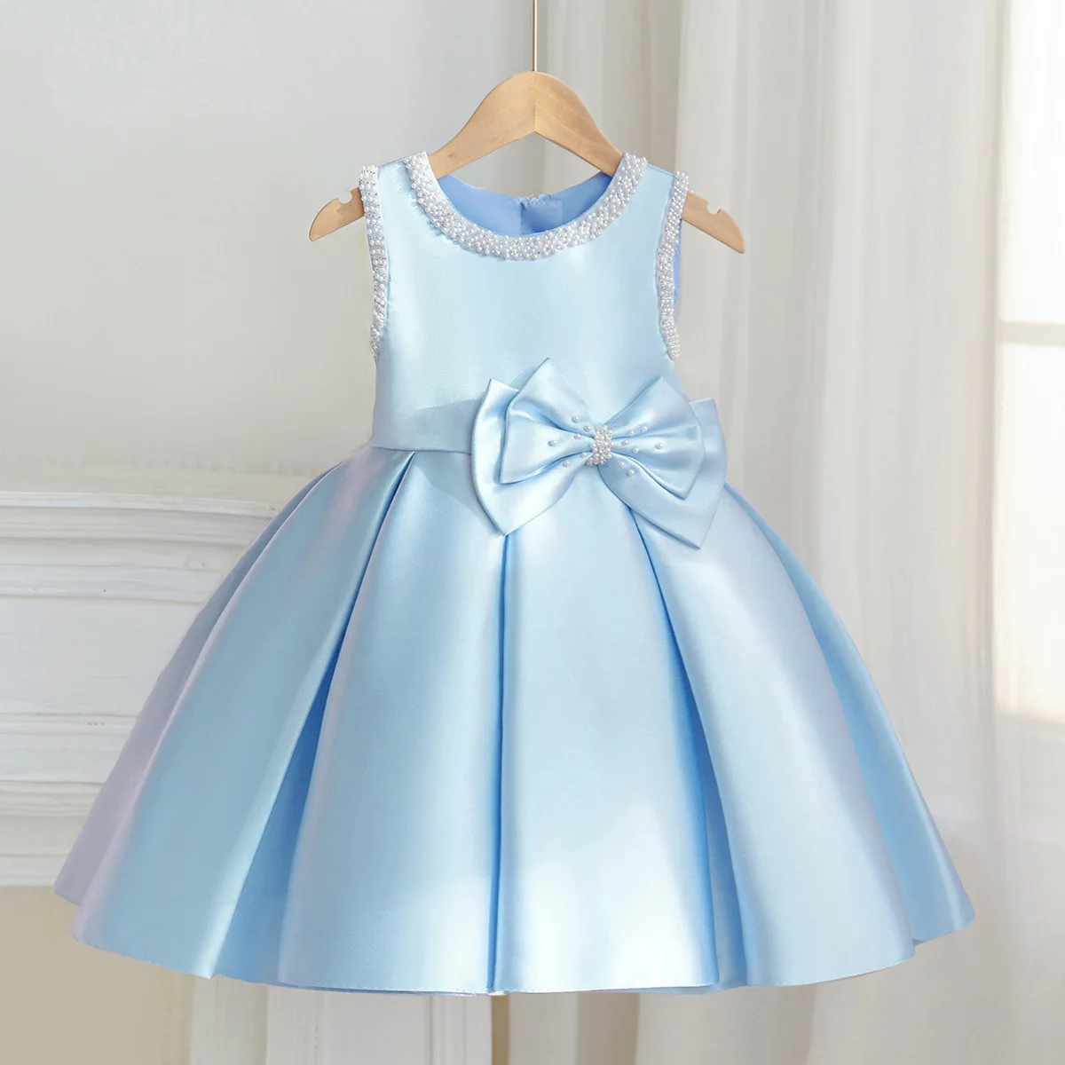 HETISO Beading Kids Party Festive Ball Gown Girls Child Elegant Sleeveless Dresses for Bridesmaid Wedding Ceremony