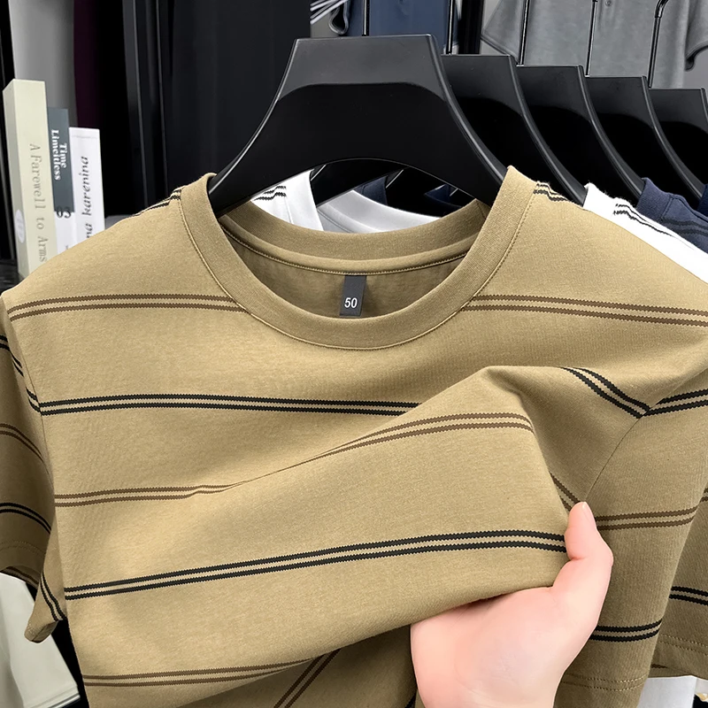 

Мужская футболка в полоску из 100% хлопка с коротким рукавом и круглым вырезом, летняя дышащая мягкая повседневная классическая модная качественная трендовая новая мужская одежда