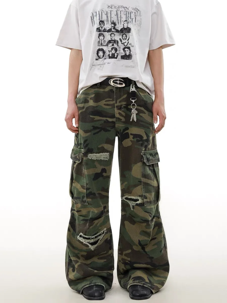 

Мужские джинсы-карго в стиле ретро-американский кэжуал, прямые, с эффектом потертости и широкими штанинами, из денима