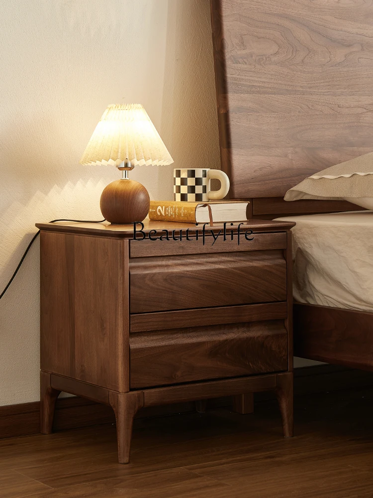 

North America Black Walnut Wooden Bedside Table Italian Minimalist Light Luxury Bedroom Solid Wood Bedside Locker