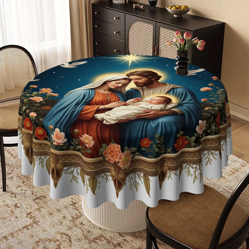 1 tablecloth, peach velvet material, Christmas Holy Family Nativity scene printed tablecloth
