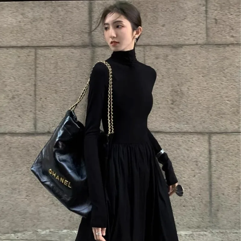 

2025 Fashion Black Knit Dress High-end New French Elegant Long Sleeve Spring Long Coat Autumn Winter