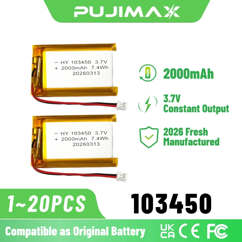 PUJIMAX 103450 2000mAh 3,7V Li-Po Ersatzakku Langlebiger Polymer-Akku für PS4 PSP GPS-Navigator Bluetooth-Headset