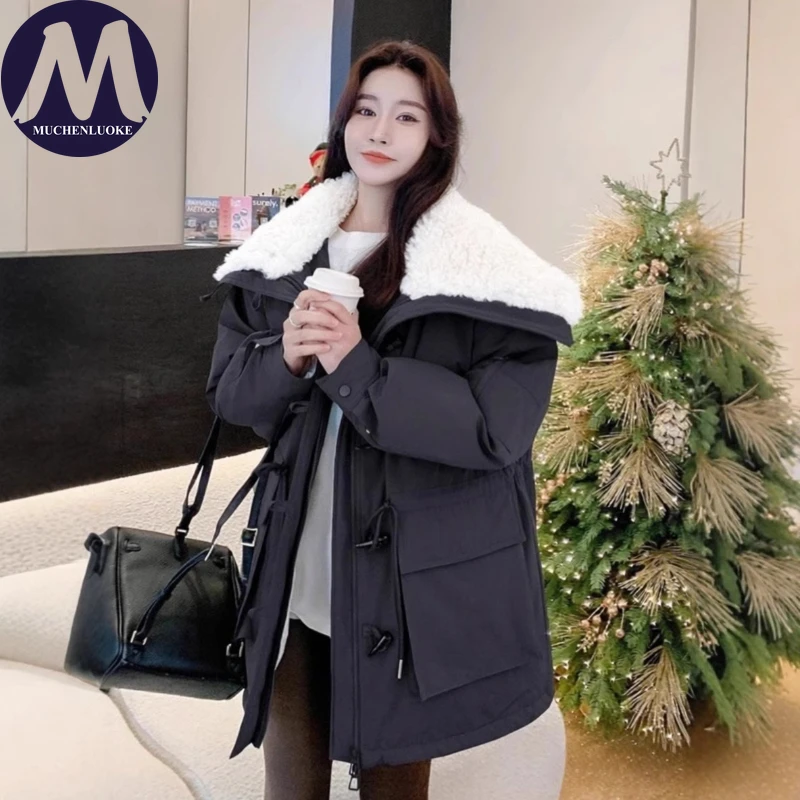 سترة شتوية نسائية أنيقة بأكمام طويلة وياقة من الفرو ودفء سميك على الموضة الكورية معطف سترة فضفاض واسع وطية صدر السترة #2