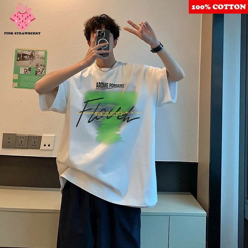 

American Retro Letter Print T-shirt Men Summer 2025 New 100% Cotton Short sleeves Loose Casual Tee Y2k Tops Youth mens clothing