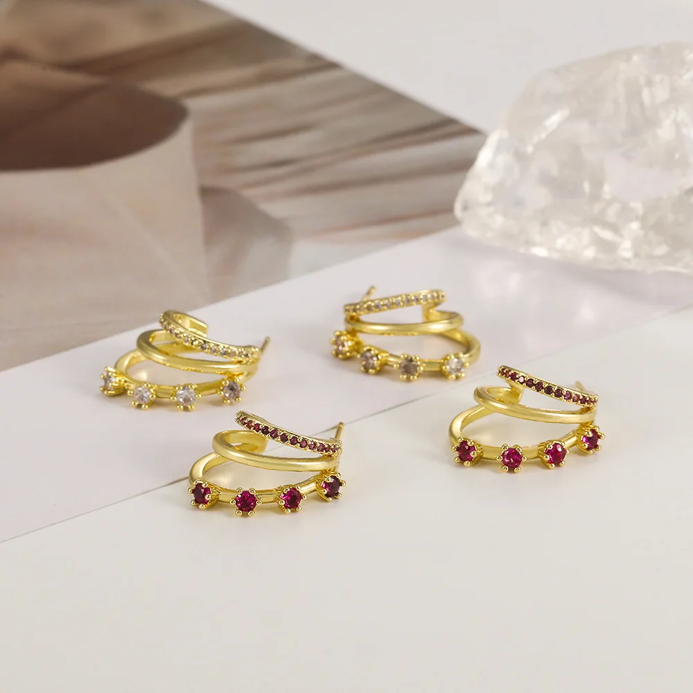 Retro Simple Design Multi-Layer C-Shaped Zircon Ear Stud Fashion Temperament Ear Ornaments Woman Exquisite Jewelry Gifts