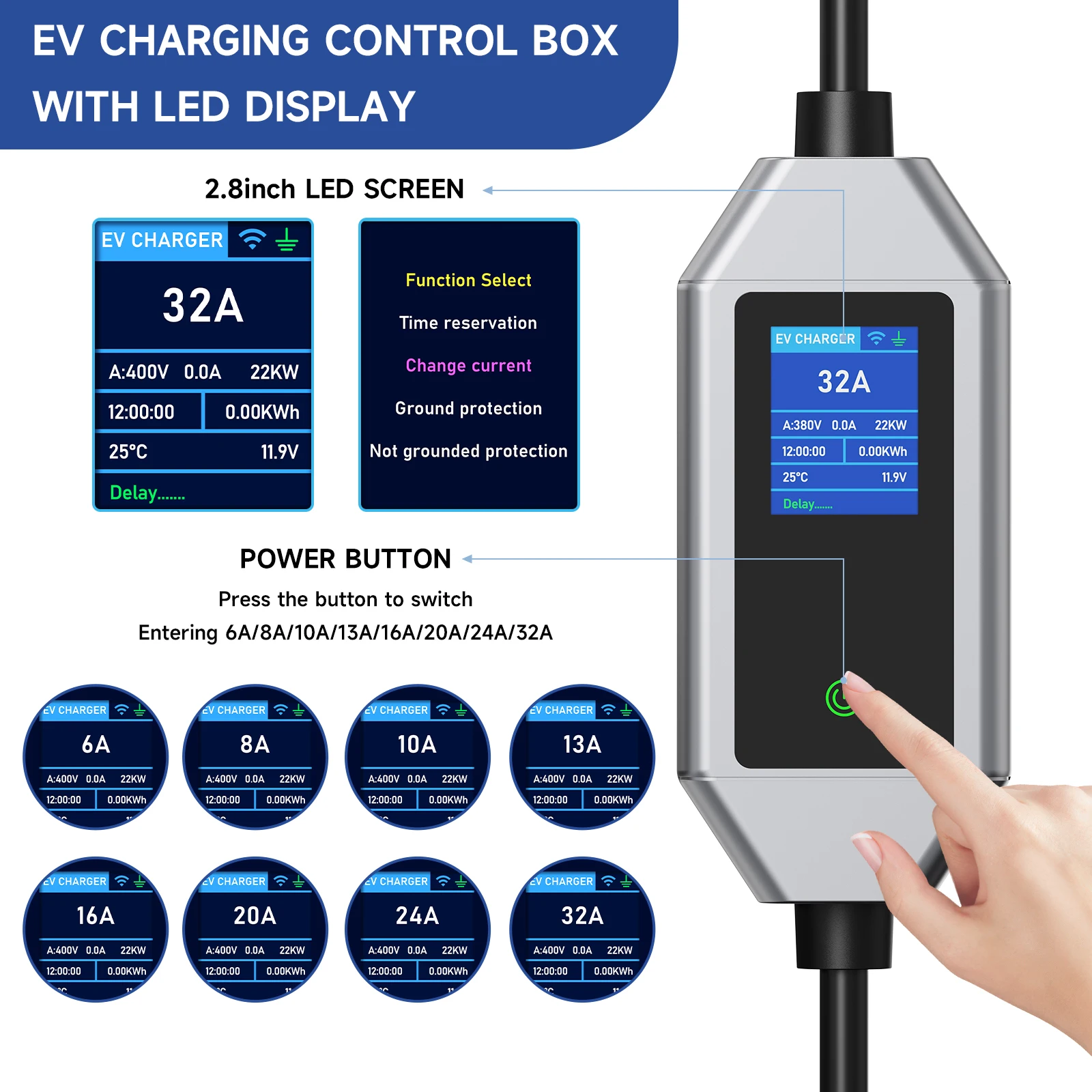 AFEEV Type 2 Portable EV Charger 22KW 32A 3Phase Wallbox IEC62196-2 EVSE Fast Charging Cable CEE Plug WIFI APP Bluetooth Control