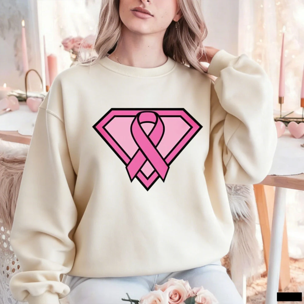 Super  Ribbon Diamond Graphic Breast Cancer Awareness Crewneck Sweatshirt for Women Survivors Supporters Pullover Sweatshirt