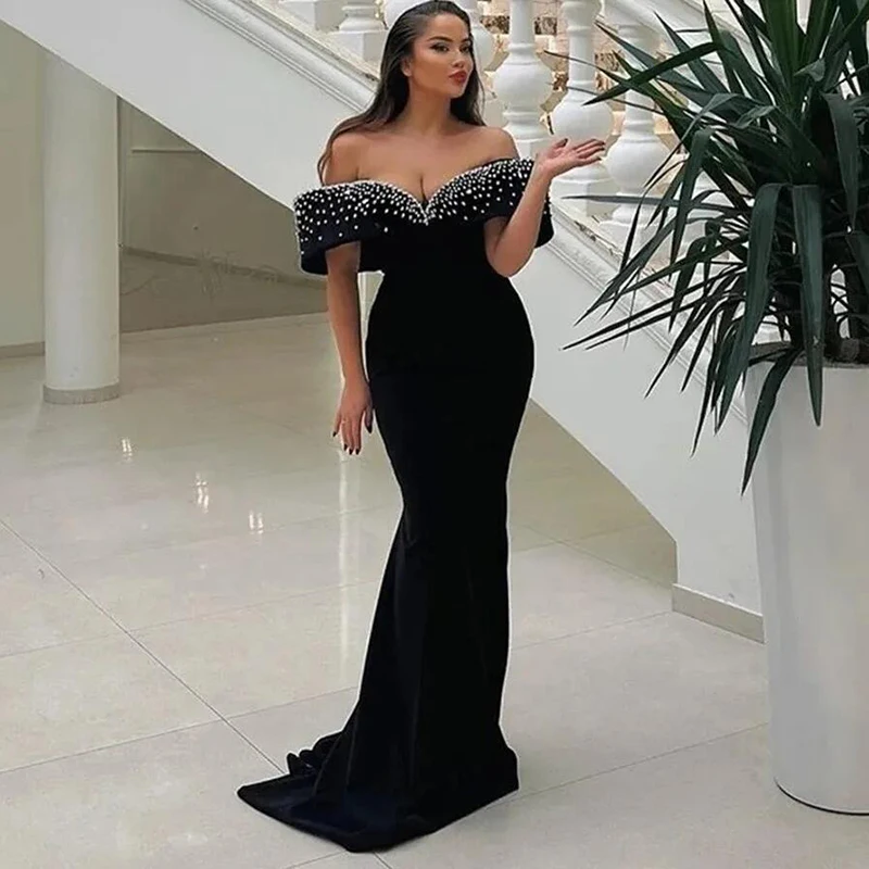 

Customized Arabic Black Mermaid Evening Pageant Dress Off The Shoulder Crystal Beaded Pleats Prom Formal Gowns Robe De Soiree Cu