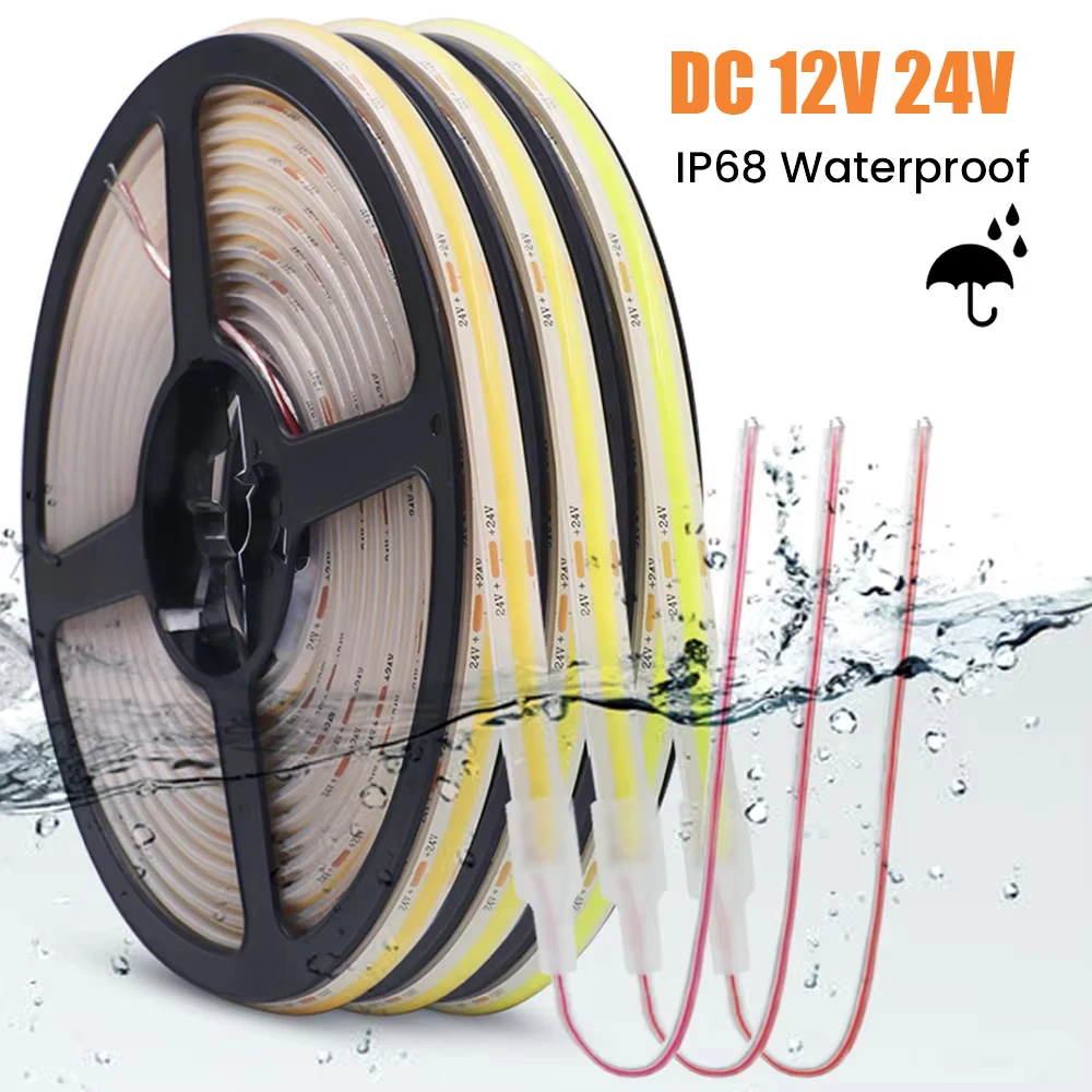 IP68 Waterproof COB LED Strip 12V 24V Flexible Ribbon Tape 320LEDs High Density Linear Light for Home Decoration 0.5-10M