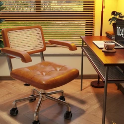 Silla giratoria Retro de ratán para ordenador, asiento de oficina japonés, cómoda silla de escritorio de almacenamiento con reposabrazos transpirables