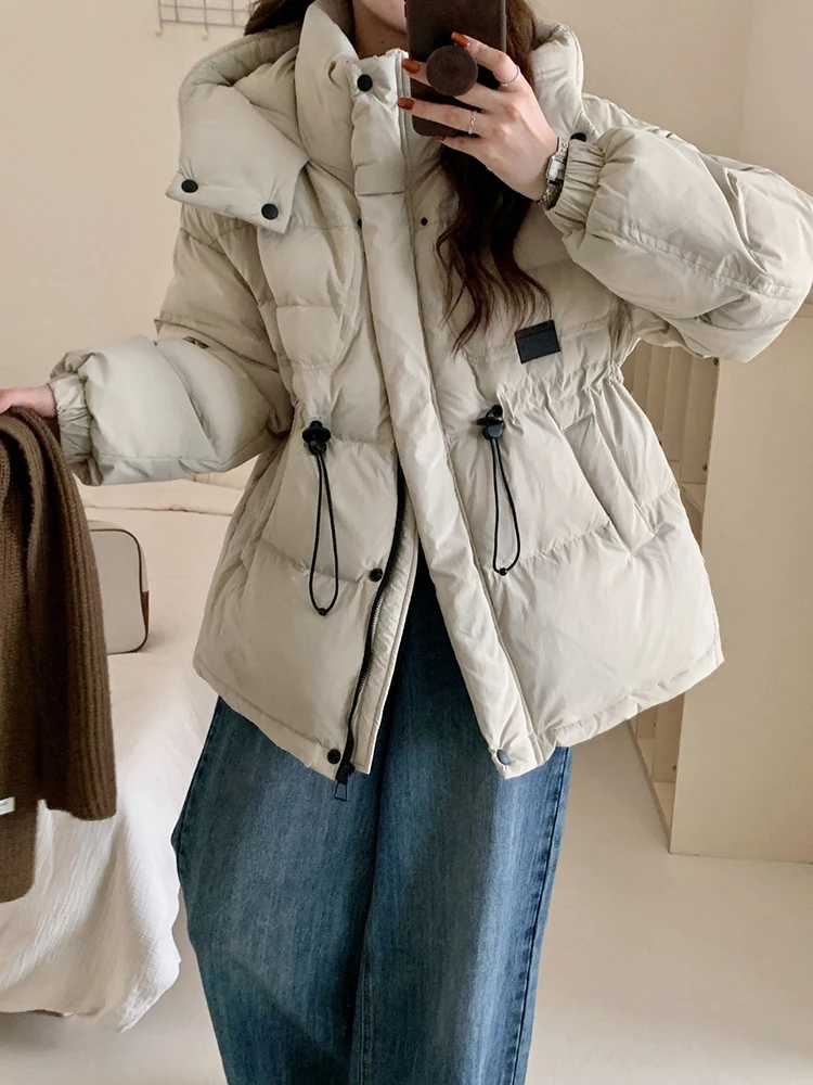 

Winter Puff Hooded Mid Length Down Jacket Women Waist Drawstring White Duck Down Down Jackets Female Warm Zipper Parker Outwears