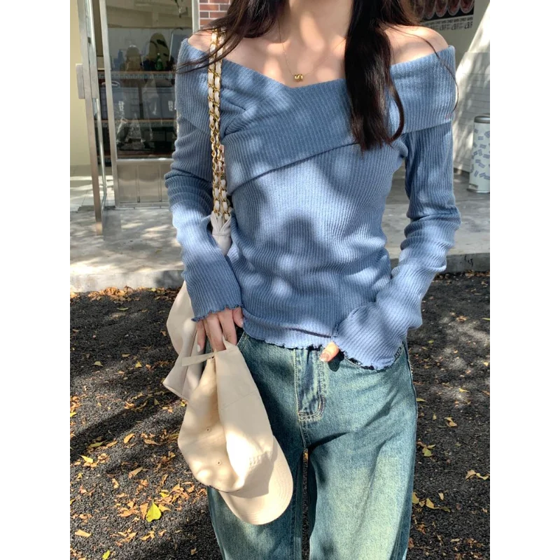 One-shoulder Long-sleeved Sweater Spring Design Lazy Style Base Shirt Top