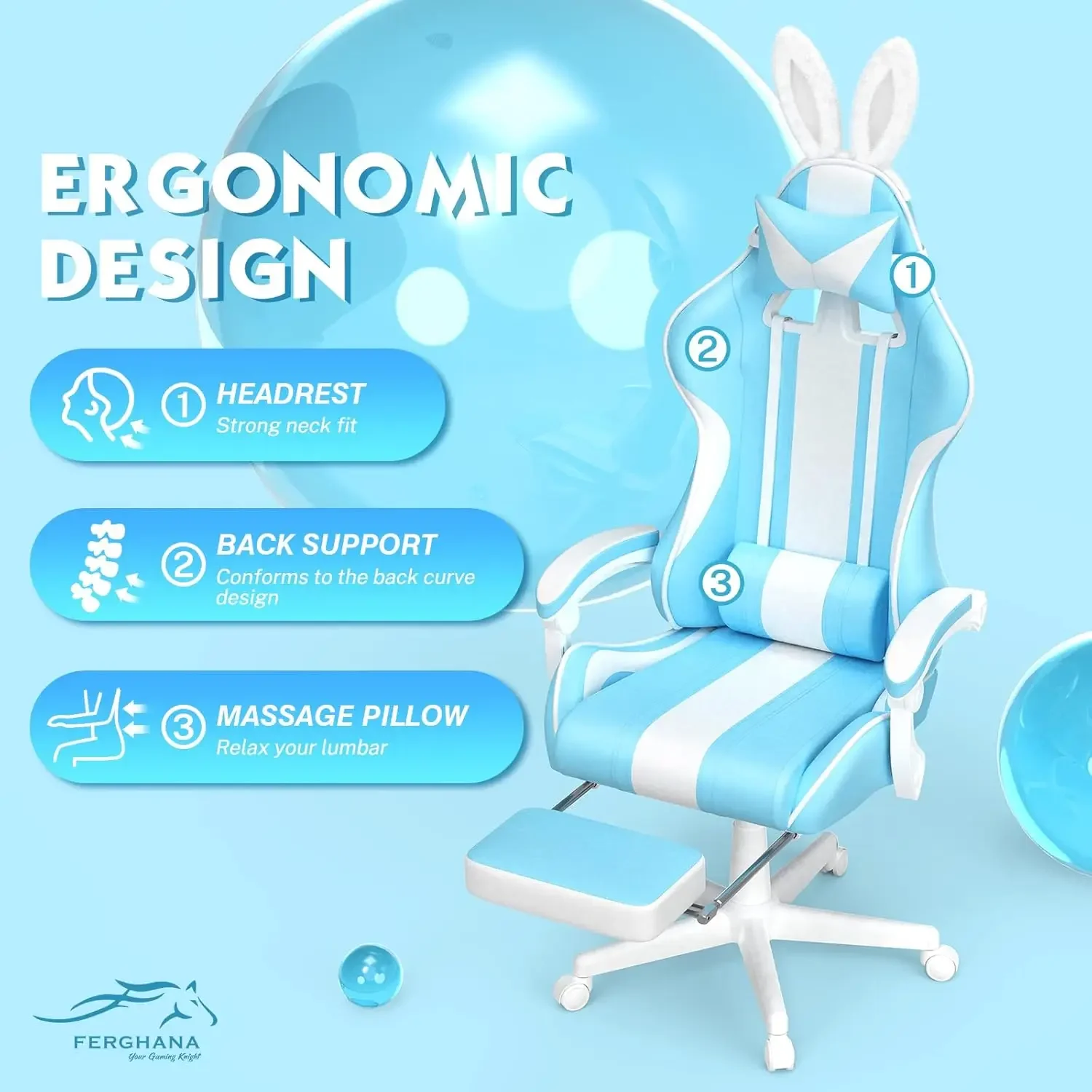 Sedia da gaming Ferghana Kawaii azzurra con orecchie da coniglio, sedia da gamer ergonomica e carina con poggiapiedi e massaggio, reclinabile da corsa