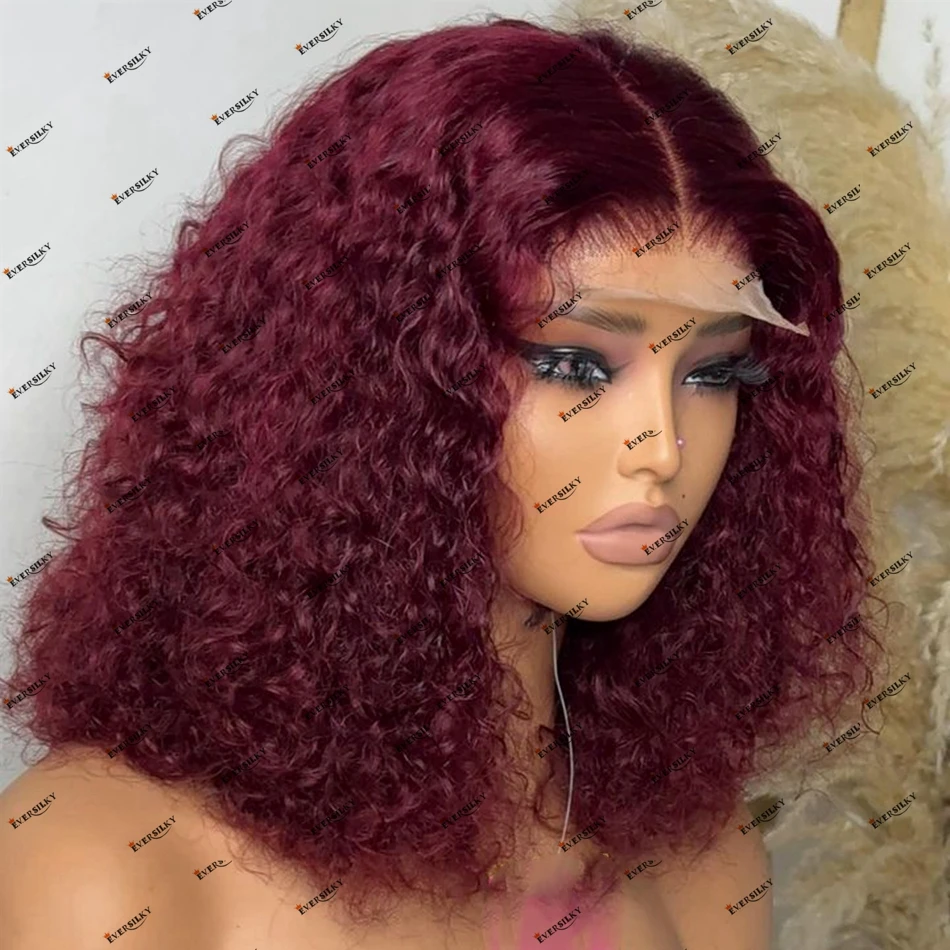 99J Loose Deep Curly Afro Women's Human Hair Lace Front Wig Dark Burgundy 5x5 HD Lace Closure Wig Bob Hair 13x6 Lace Front Wig