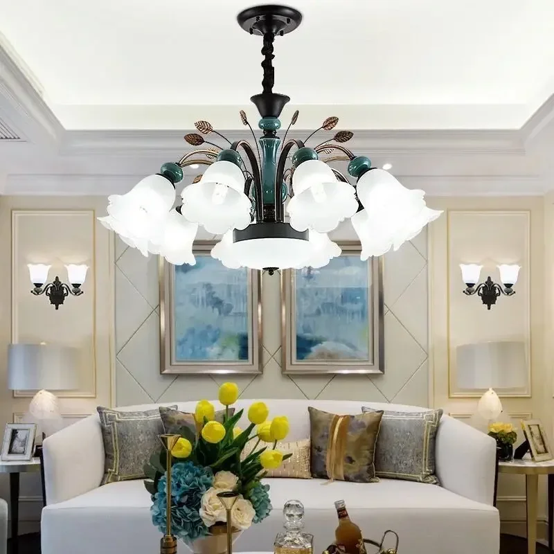 Vintage Glass Ceramic Chandelier Retro Iron Hanging Lamp for Bedroom Dining Room Elegant Light Home Interior Decor