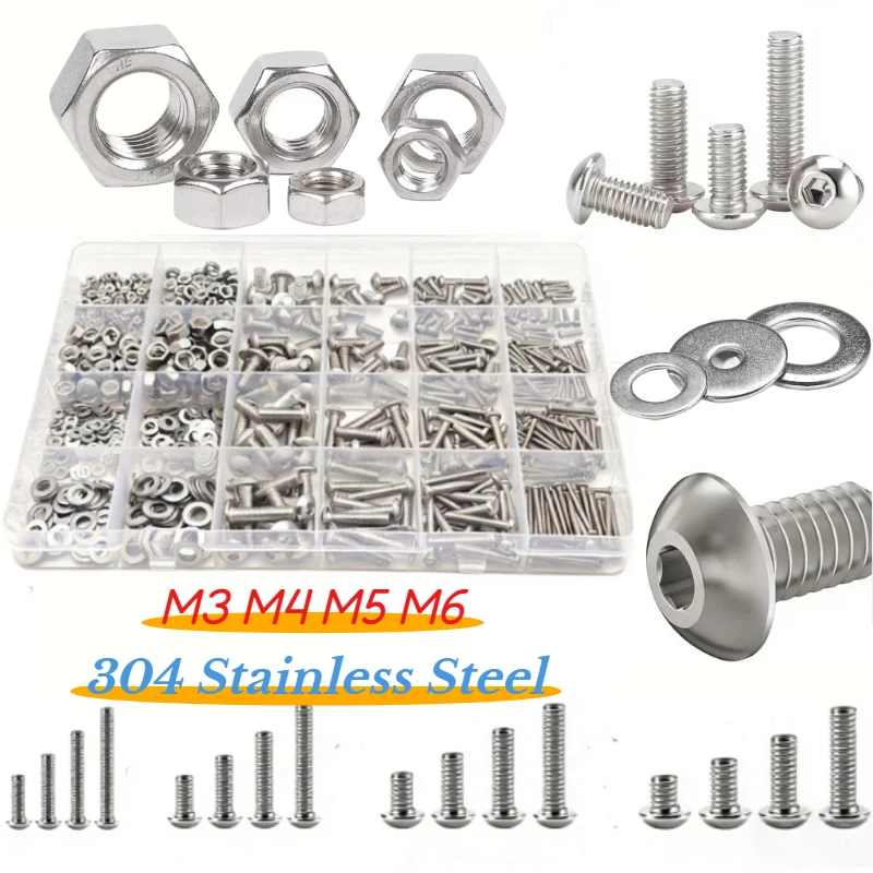 1Box M3 M4 M5 M6 Stainless Steel Hex Hexagon Socket Button Round Head Screw Allen Bolt and Nut Washer Assortment Set Kit
