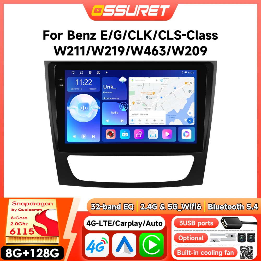 Autoradio Android pour Mercedes Benz Classe E W211 E200 E220 E300 E350 E240 E270 E280 CLS W219 55 C W463 CLK W209, CarPlay sans fil, écran tactile intelligent 6115