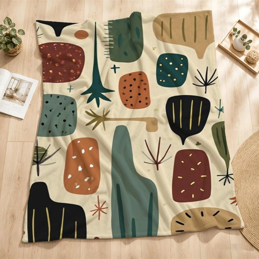 1pc Mid Century Modern Abstract Print Flannel Throw Blanket Boho Neutral Tone Soft Blanket for Couch Bed Living Room