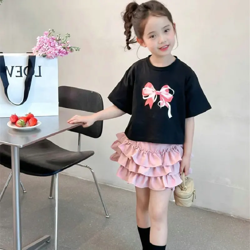 Girls Set 2026 Spring Summer New Korean Version Bow Print Short Sleeved T-shirt Cake Skirt Fashionable Casual Daily Wear