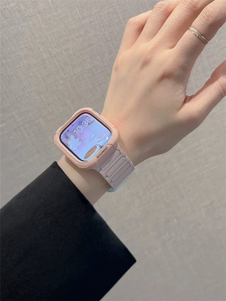 Correa magnética de silicona y funda para Apple Watch, banda de reloj de 49mm, 45mm, 44, 41, 42, serie 9, 8, 7, SE, 6, 5, 4