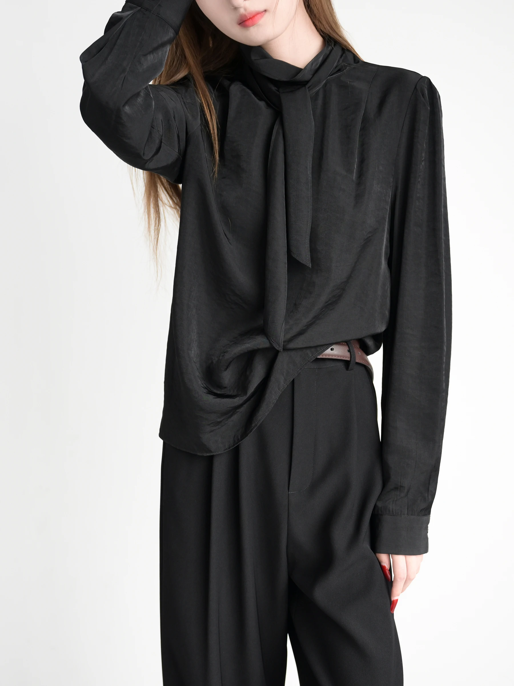 

TRR Chic Long Sleeve Loose Shirt with Sash Commute Style Women's Skin-friendly Drapey Polyester Blend Business Casual Shirt