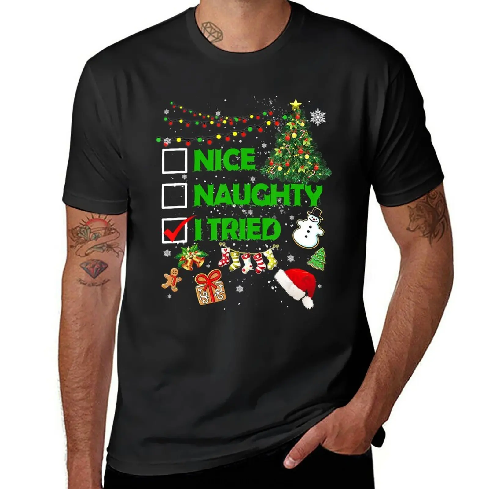 New Christmas Nice Naughty I Tried Xmas Tree Light Pajamas T-Shirt shirts graphic tees graphic t shirts black t shirts for men