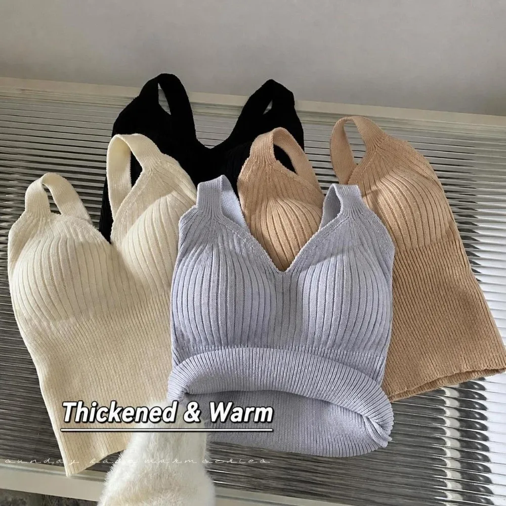 V-Neck Design Thermal Underwear Vest Chest Pad One-Piece Cup Knitted Wool Vest Heat-Generating Strap Style Padded Camisole Top