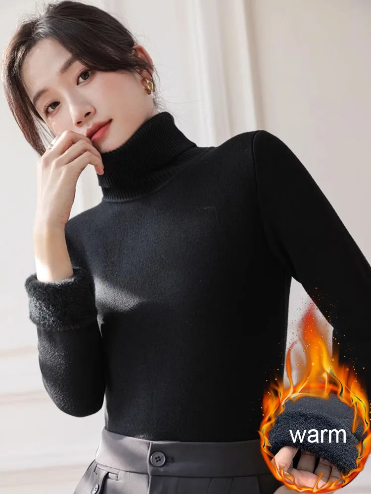 Winter Turtleneck Velvet Lined Knitted Sweater Women Thicken Slim Soft Pullover Tops Korean Candy Color Warm Knitwear Jumper