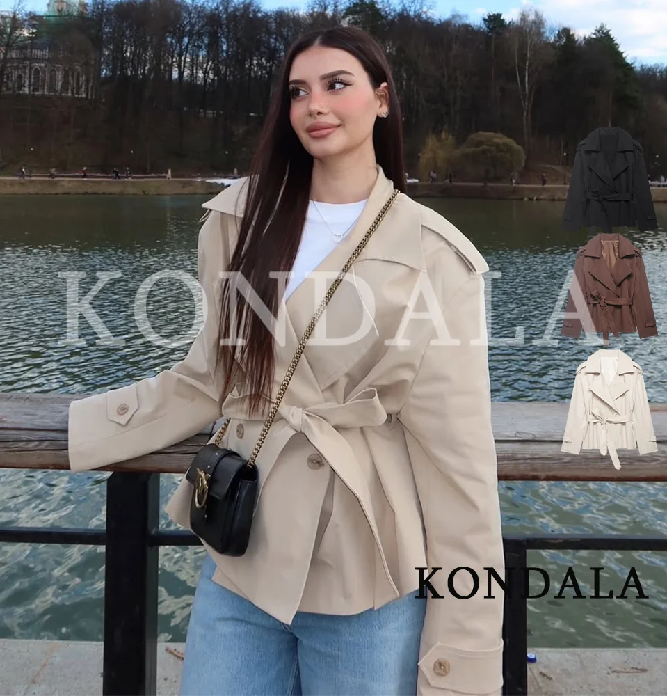 KONDALA Damen Herbst Casual Trendiger Kurzer Trenchcoat Elegante Pendler-Gürtel-Trenchjacke 2026 Herbst Schicke Damen High-Street-Jacke