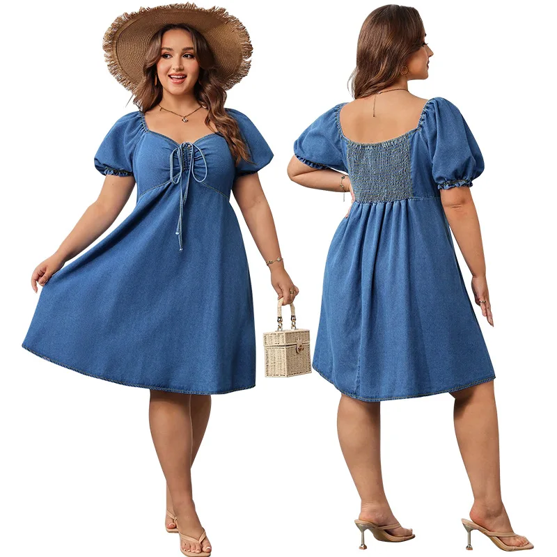 

Summer 2025 Denim Dress Short-Sleeved Elastic Pleated Mid-Length New Style for Women Fashionable Casual Dress
