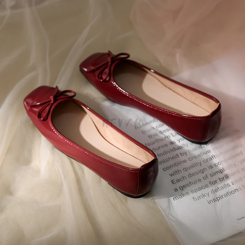 Retro Bowknot Patent Leather Women\'s Ballet Flats Shoes Autumn Slip on Flat Casual Shoes Round Toe Thick Heels Wine Red Loafer