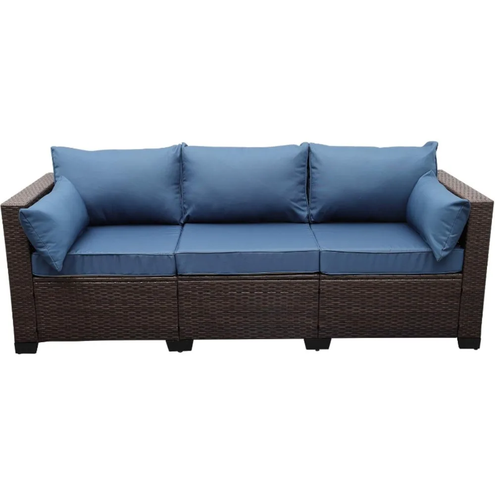 3-Seat Patio Wicker Sofa, Outdoor Rattan Couch Steel Frame with Furniture Cover and Deep Seat High Back, Blue Anti-Slip Cushion