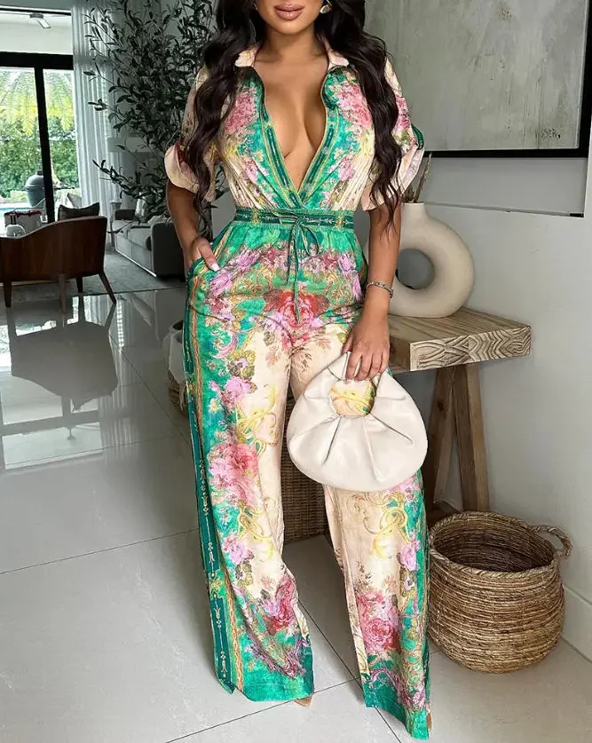 Vintage Floral Print Turn-Down Collar Roll Up Sleeve Button Overalls Casual Drawstring Stretchy Waist Wide Leg Vacation Jumpsuit