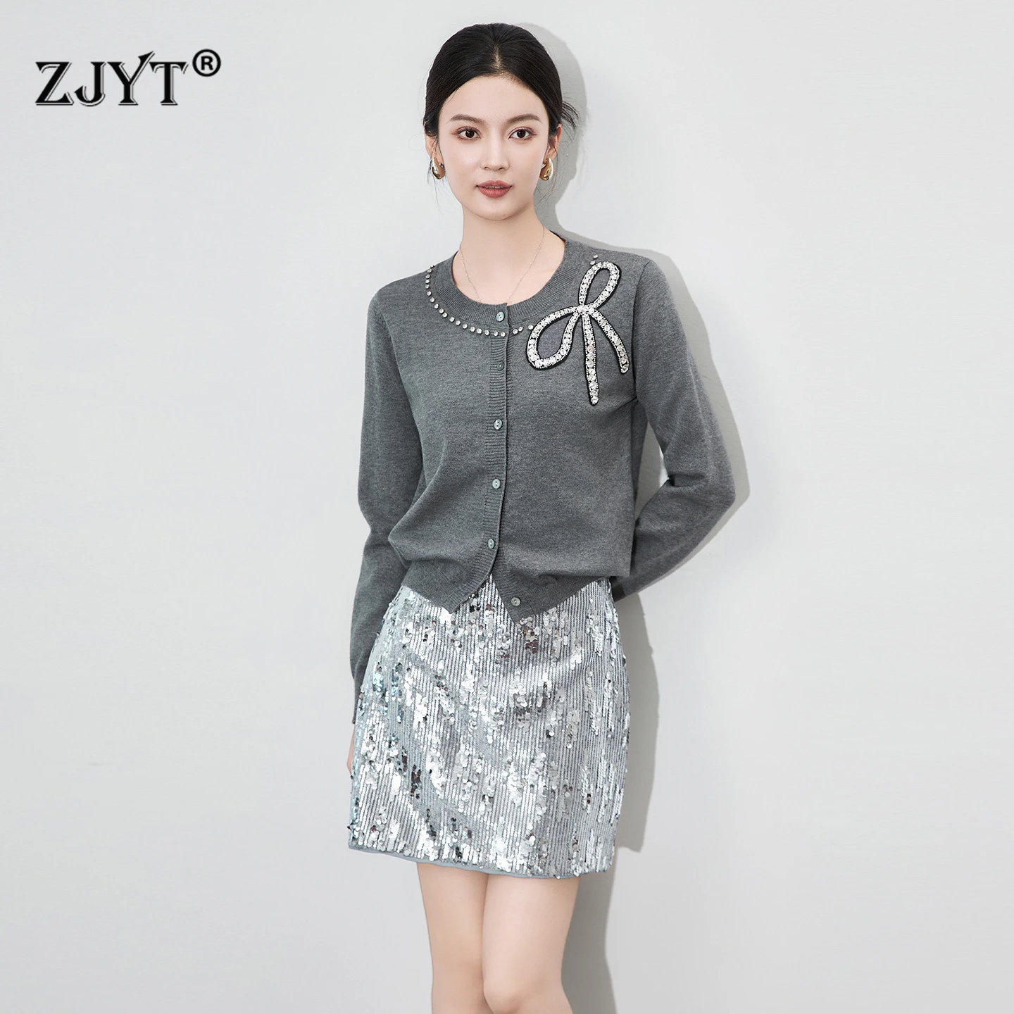 

ZJYT осенне-зимние женские кардиганы с бриллиантами, свитера, вязаный топ с длинными рукавами, элегантный женский трикотаж с круглым вырезом, Джерси 2025