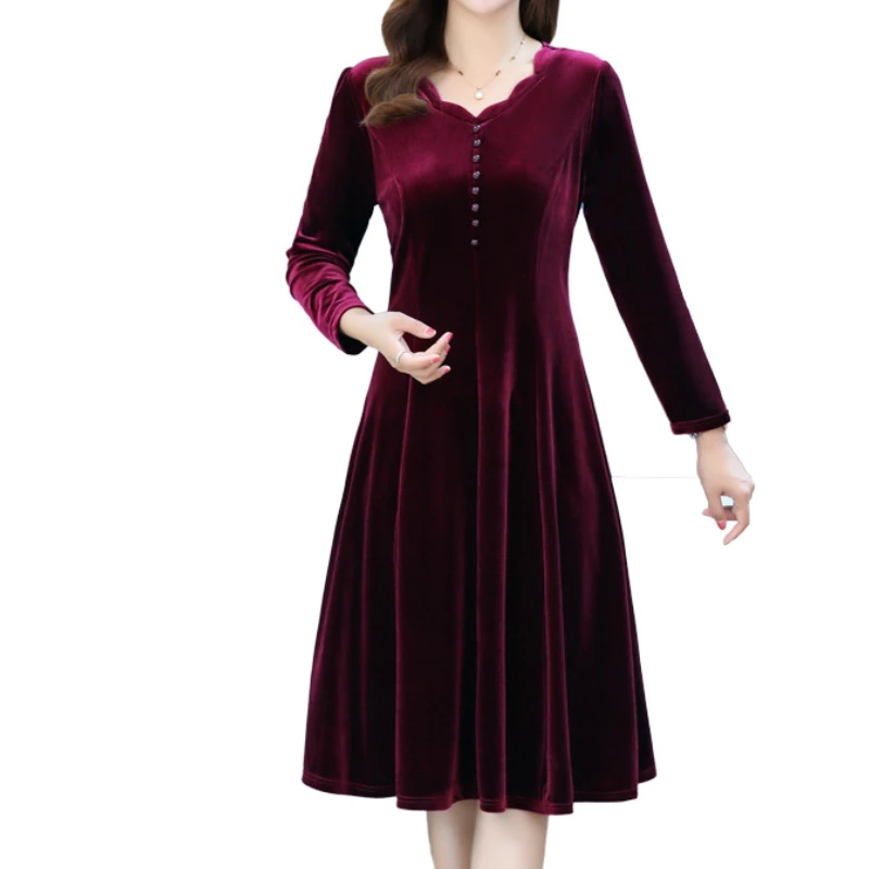 Velvet Long Sleeve Dress Autumn 2024 New Solid Color Elegant Women's Dress