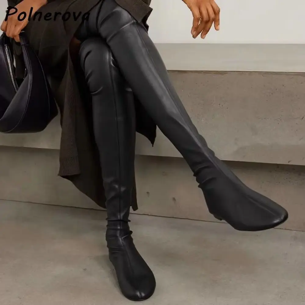 Soft Leather Ruched Boots Flat Minimal Round Toe Stretch Over The Knee Boots Black Brown Daily Casual Fall Winter Leisure Shoes