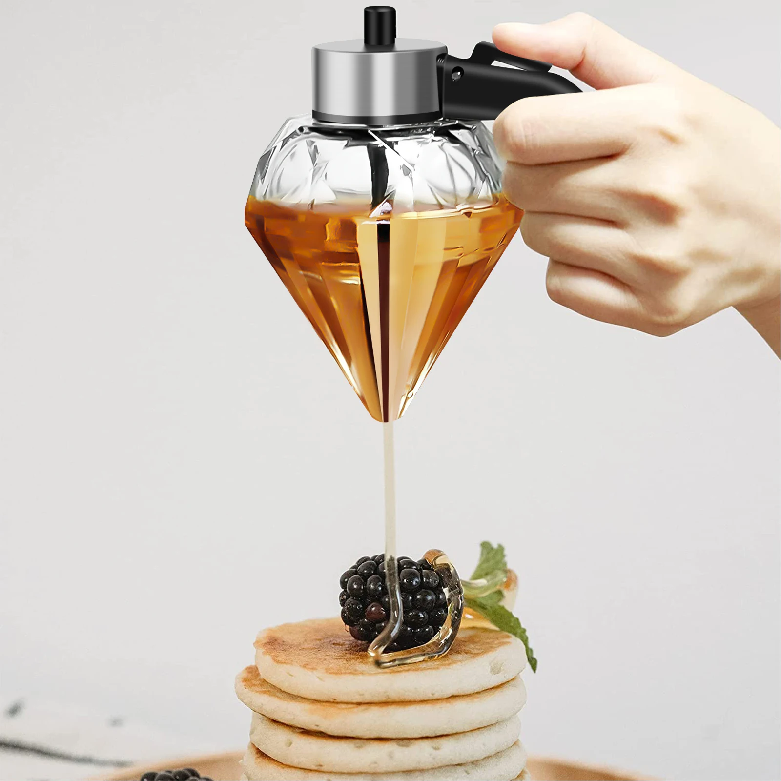 Diamond Shaped Glass Honey Dispenser with Stand 200ml Large Capacity Oil Dispenser Multifunctional Oil Bottle Vinegar and Sauce