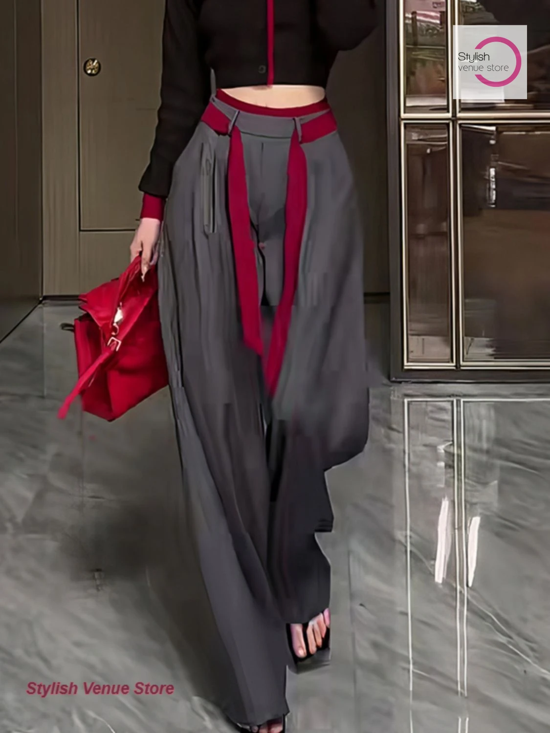 French style fashion loose suit pants women's summer and autumn contrast design feels slim and versatile straight wide-leg pants