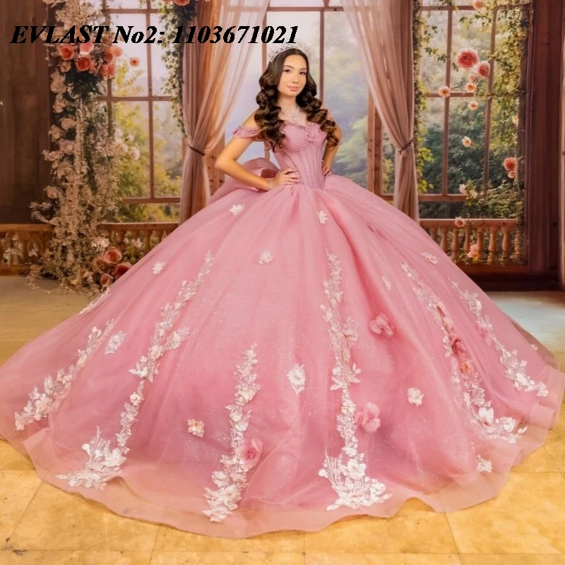 

EVLAST блестящее розовое платье Quinceanera по индивидуальному заказу с открытыми плечами и цветочной аппликацией, корсет с бисером, Sweet 16, Vestidos 15 Anos E2QA177
