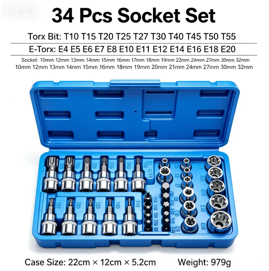Professional 34pcs Torx Bit Socket & E-Torx Star Socket Set 1/4