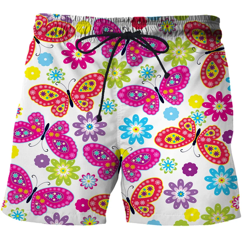 Calção de banho estampado em 3D masculino e feminino, calção de praia, calção de natação, flores, borboleta, praia, skate, desporto, ginásio, moda