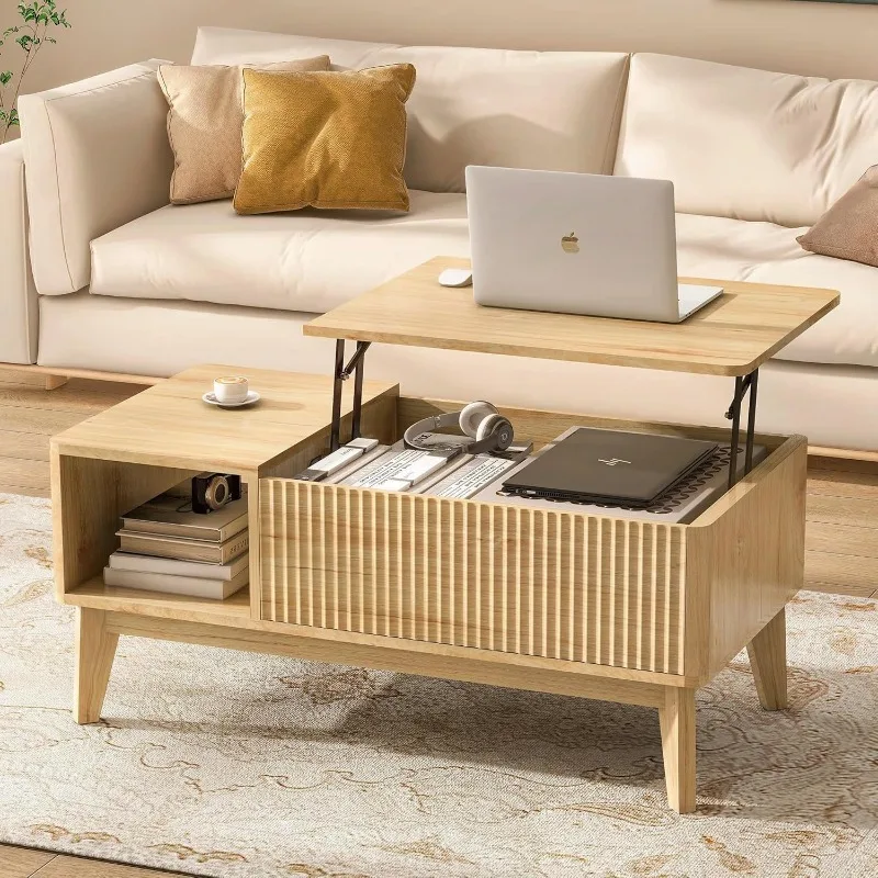 

Fluted Lift Top Coffee Table with Hidden Compartment, Modern Center Table for Living Room, Home Office, Natural