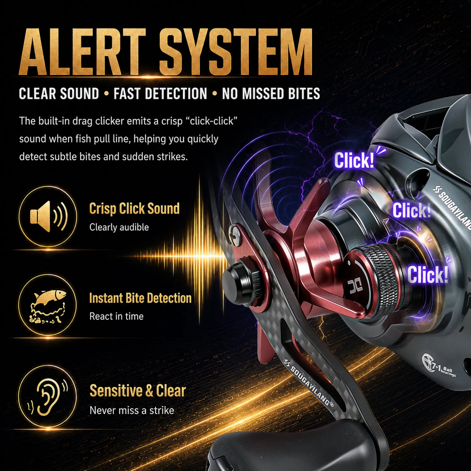 Sougayilang PRO DC Elektronische Baitcasting-Rolle Anti-Backlash 7.2:1 Übersetzungsverhältnis 7+1BB Carbon-Griff Salzwasser-Angelrolle – Detail 7