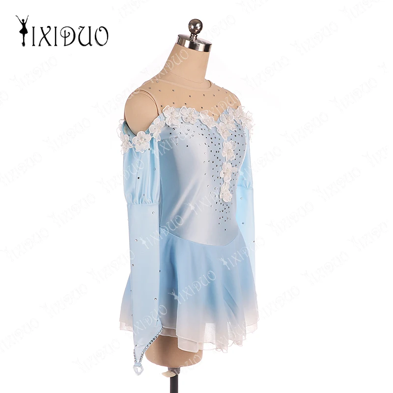 Women Figure Skating Competition Training Dress Customized Girls\' Light Blue Long Sleeve Artistic Gymnastics Performance Dress