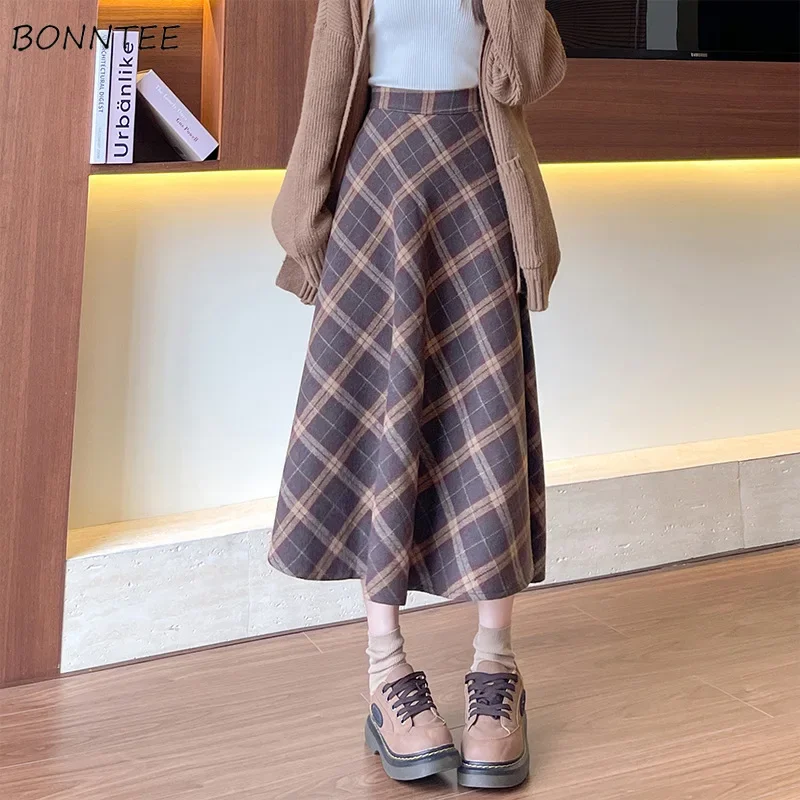 

Юбки женские, винтажные, повседневные, универсальные, в клетку, корейская мода, осенняя уличная одежда миди с высокой талией, Mujer, дизайн со складками, модные студенческие