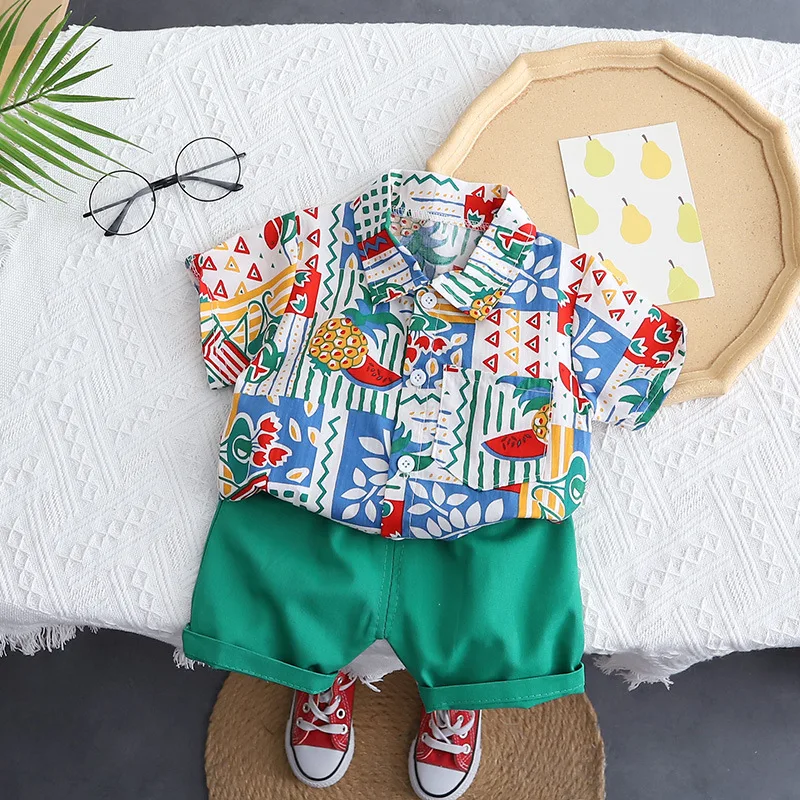 Childrens Set Summer Short Sleeve and Shorts Plaid Collar Sportswear for Boys and Girls Fashionable versatile and simple